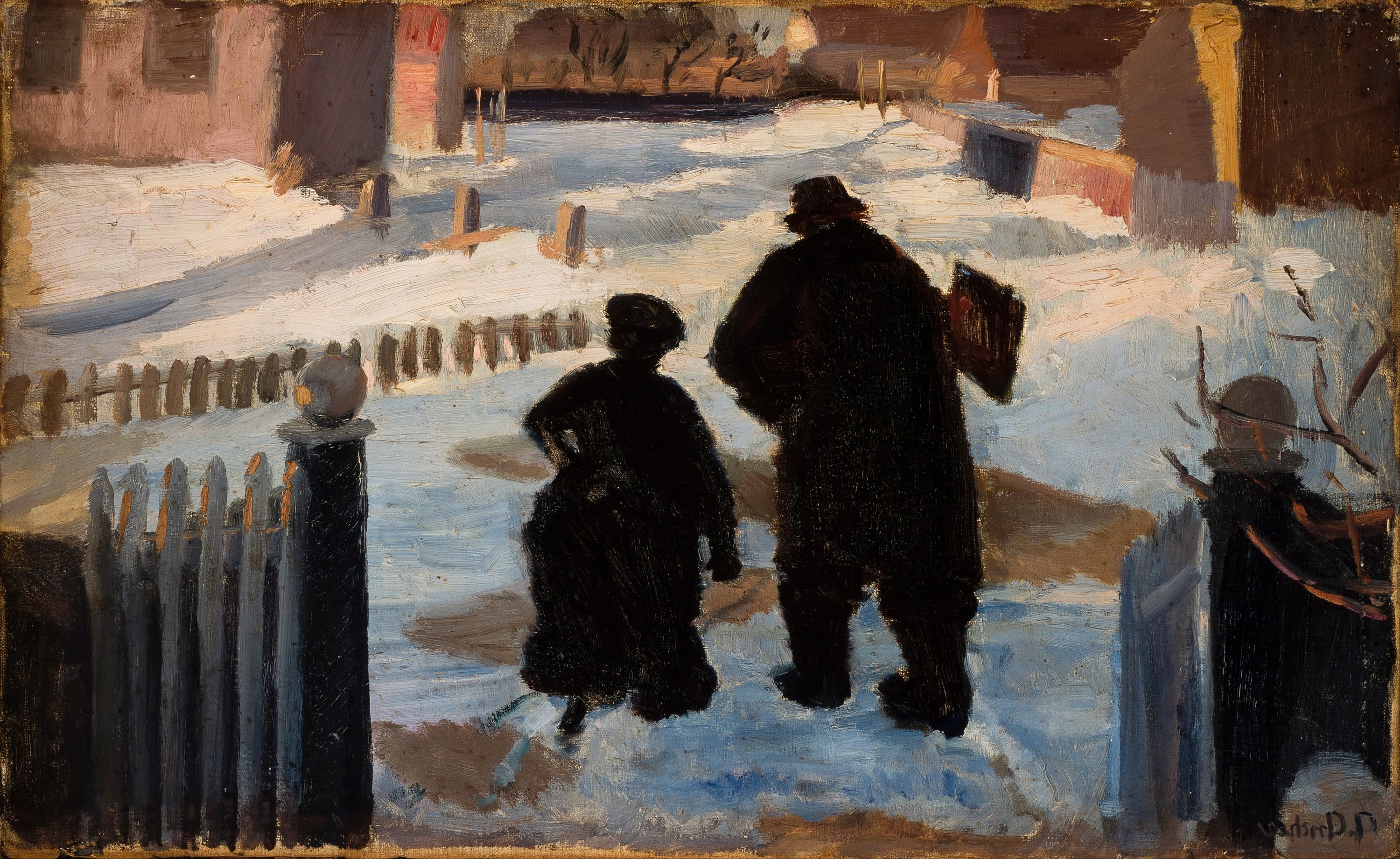 Michael Ancher on his way to his studio accompanied by the organist
Helene Christensen