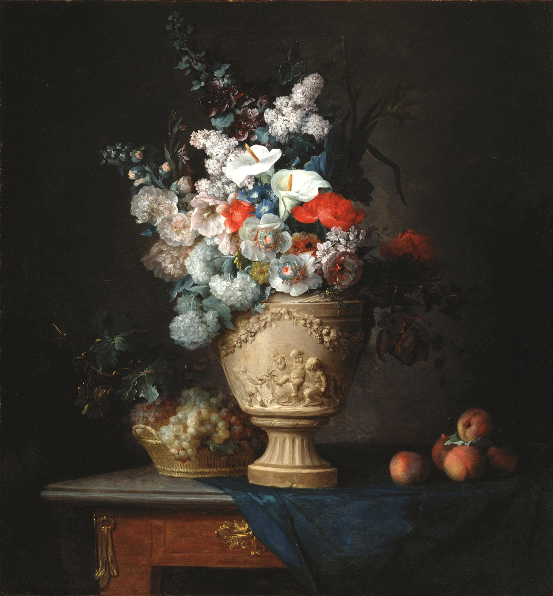 Bouquet of Flowers in a Terracotta Vase with Peaches and Grapes
