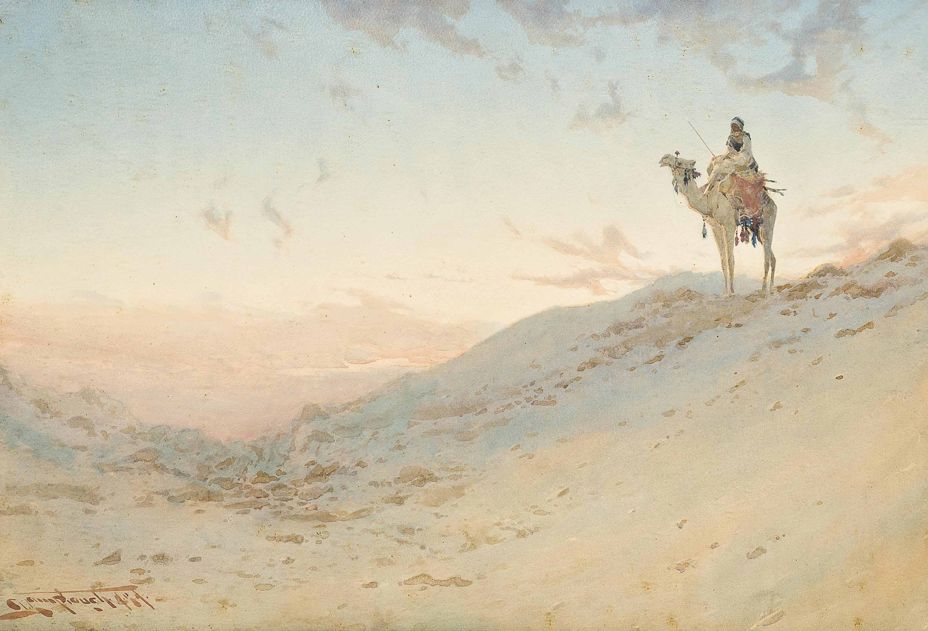 An Arab on a camel surveying the desert at dusk