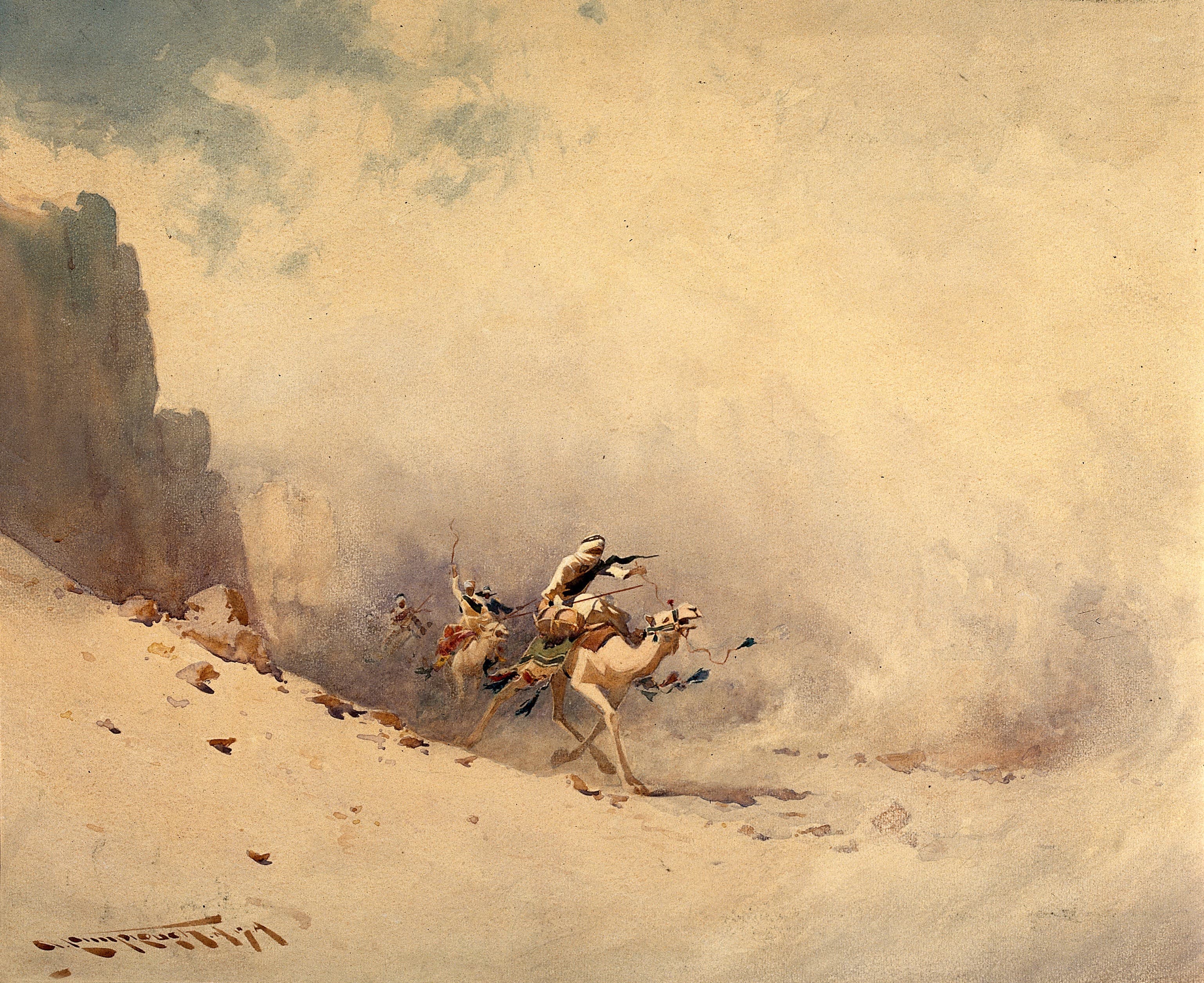 Man riding a camel in the desert during a sand storm