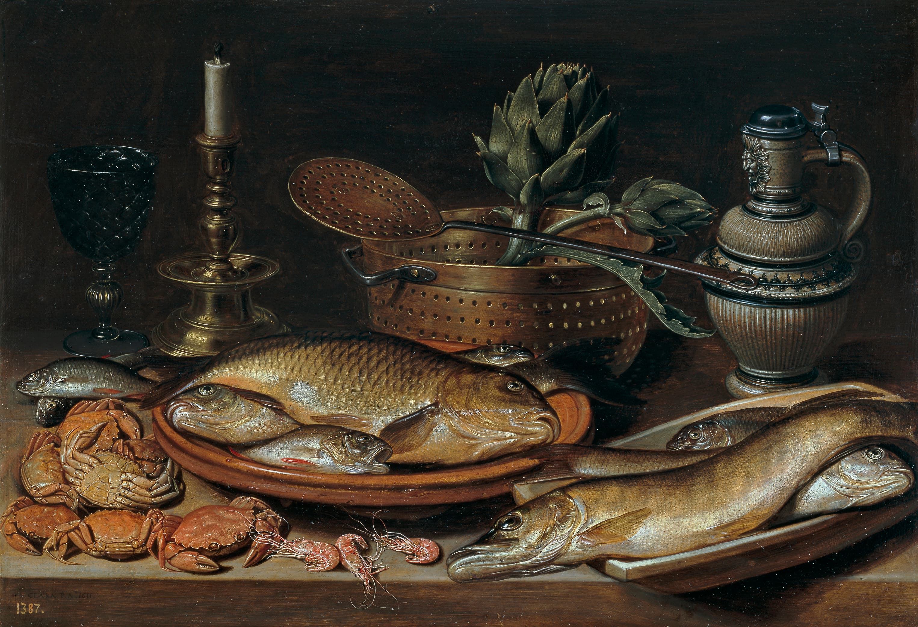 Still Life with Fish, Candle, Artichokes, Crabs and Shrimp