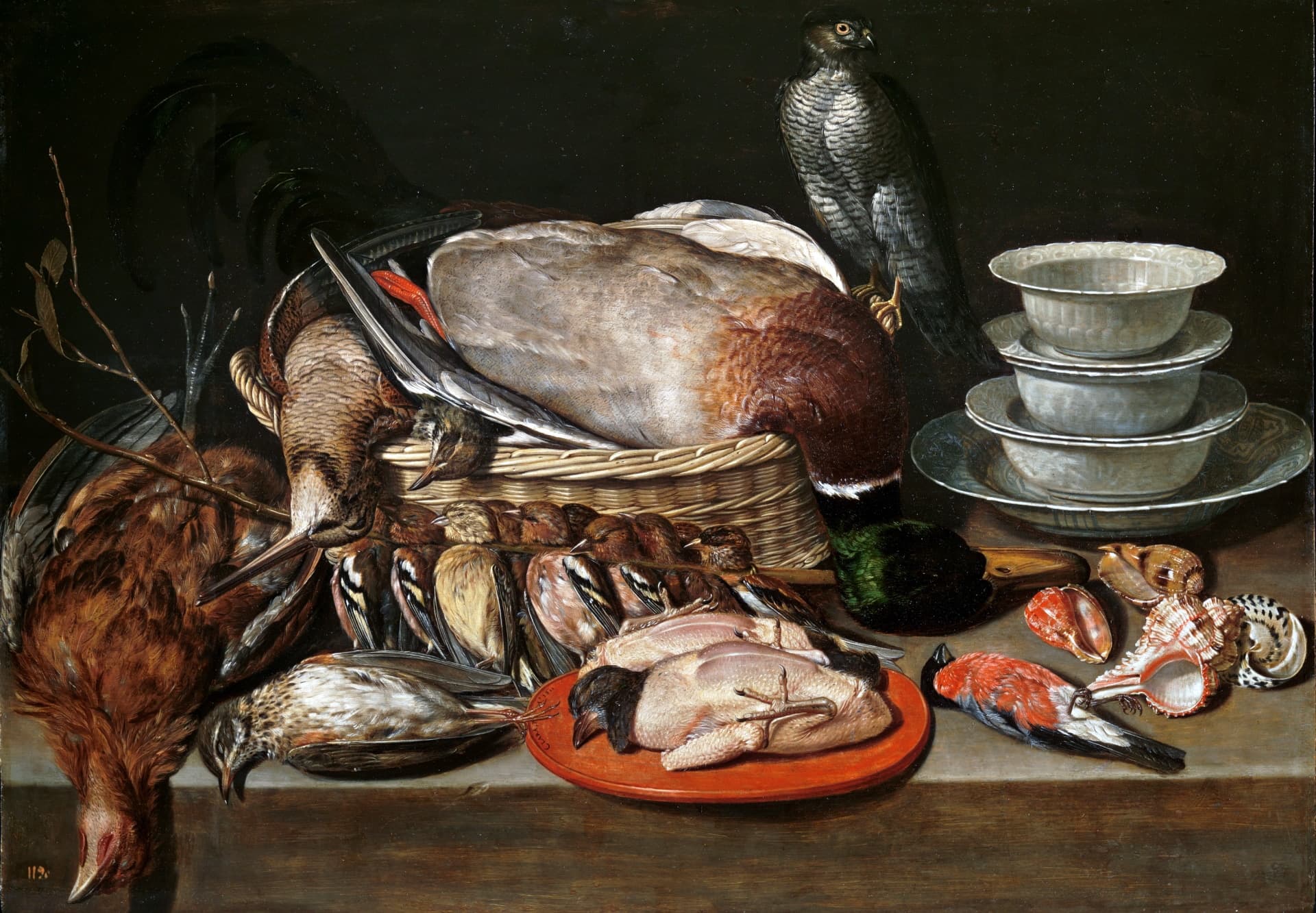 Still Life with Sparrow Hawk, Fowl, Porcelain and Shells