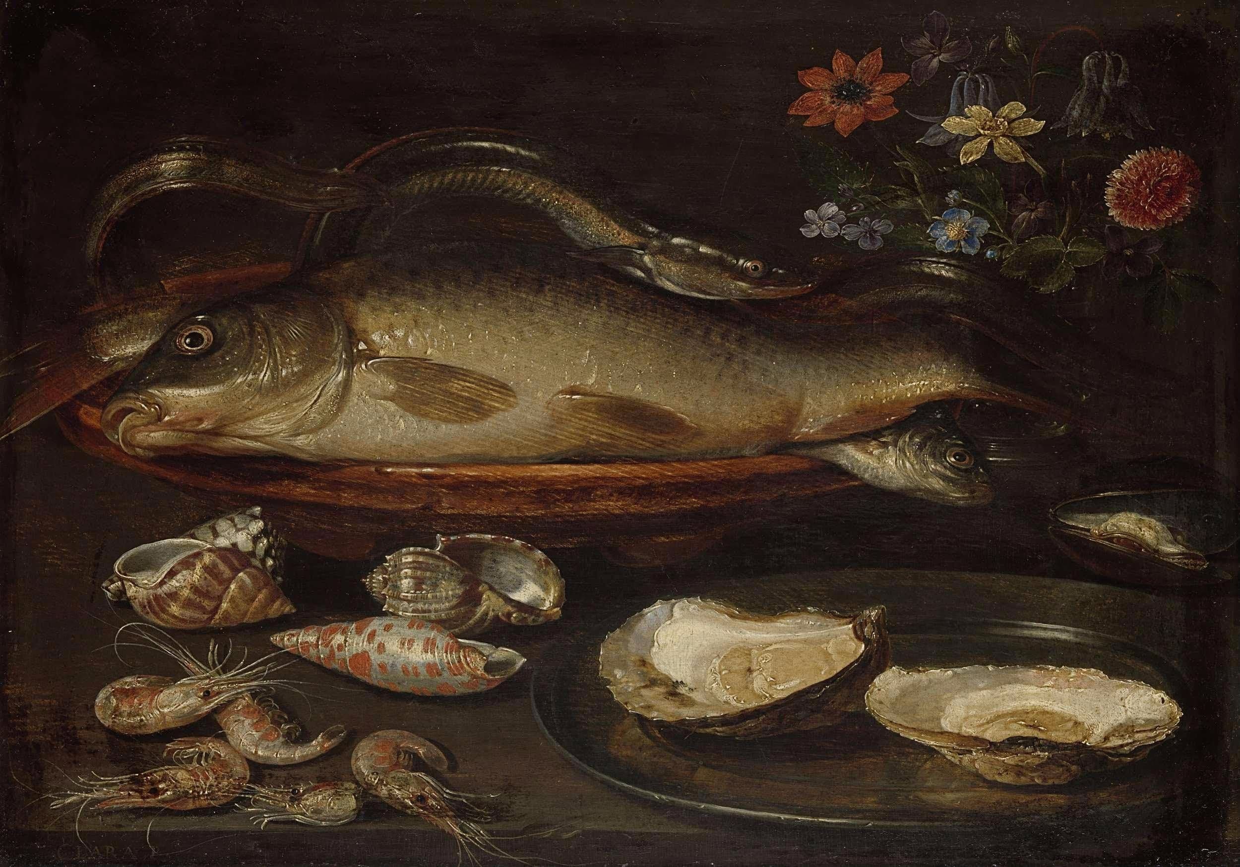 Still life with fish, oysters and shrimps
