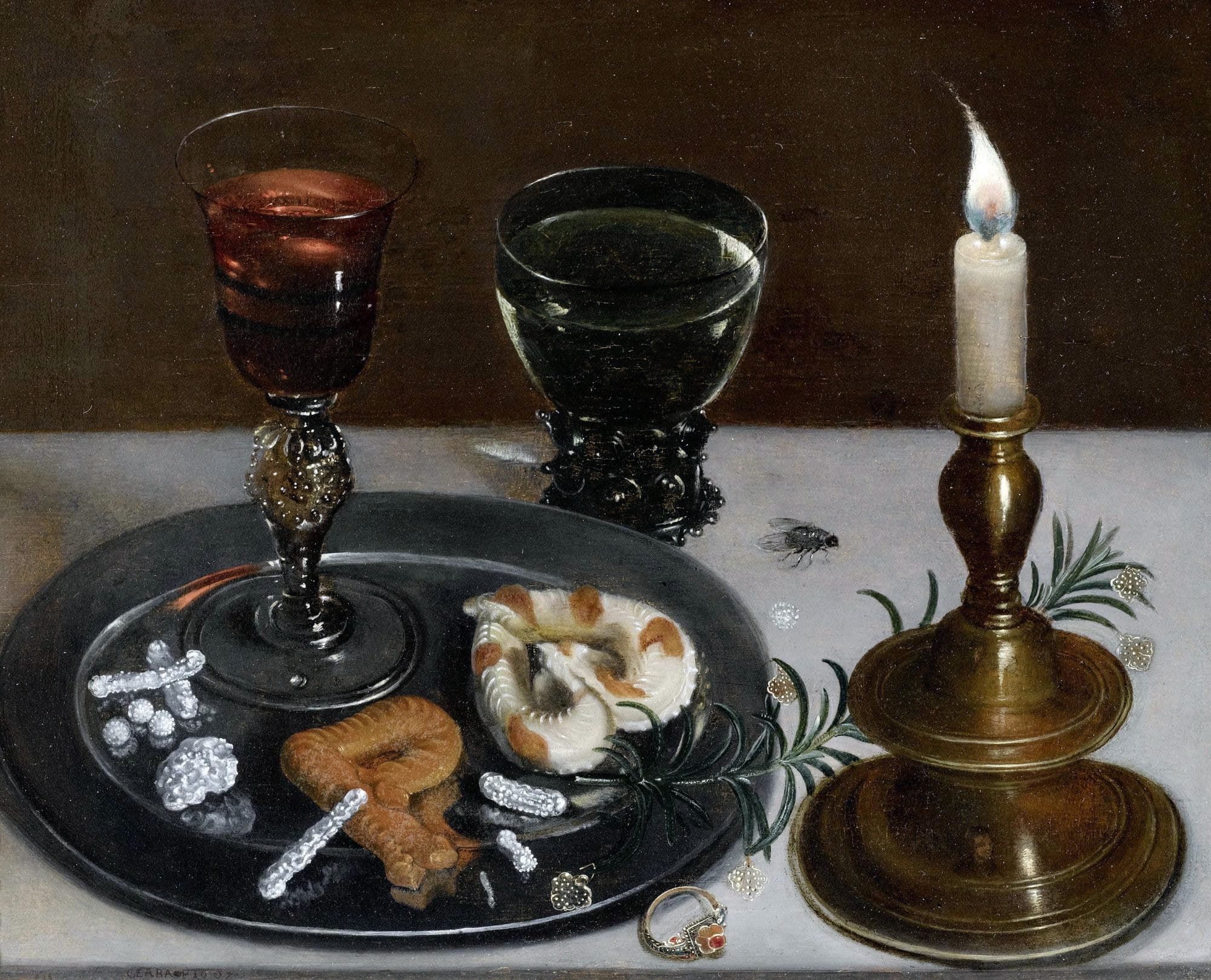 Still life with Venetian glass, Römer wine glass and a candle