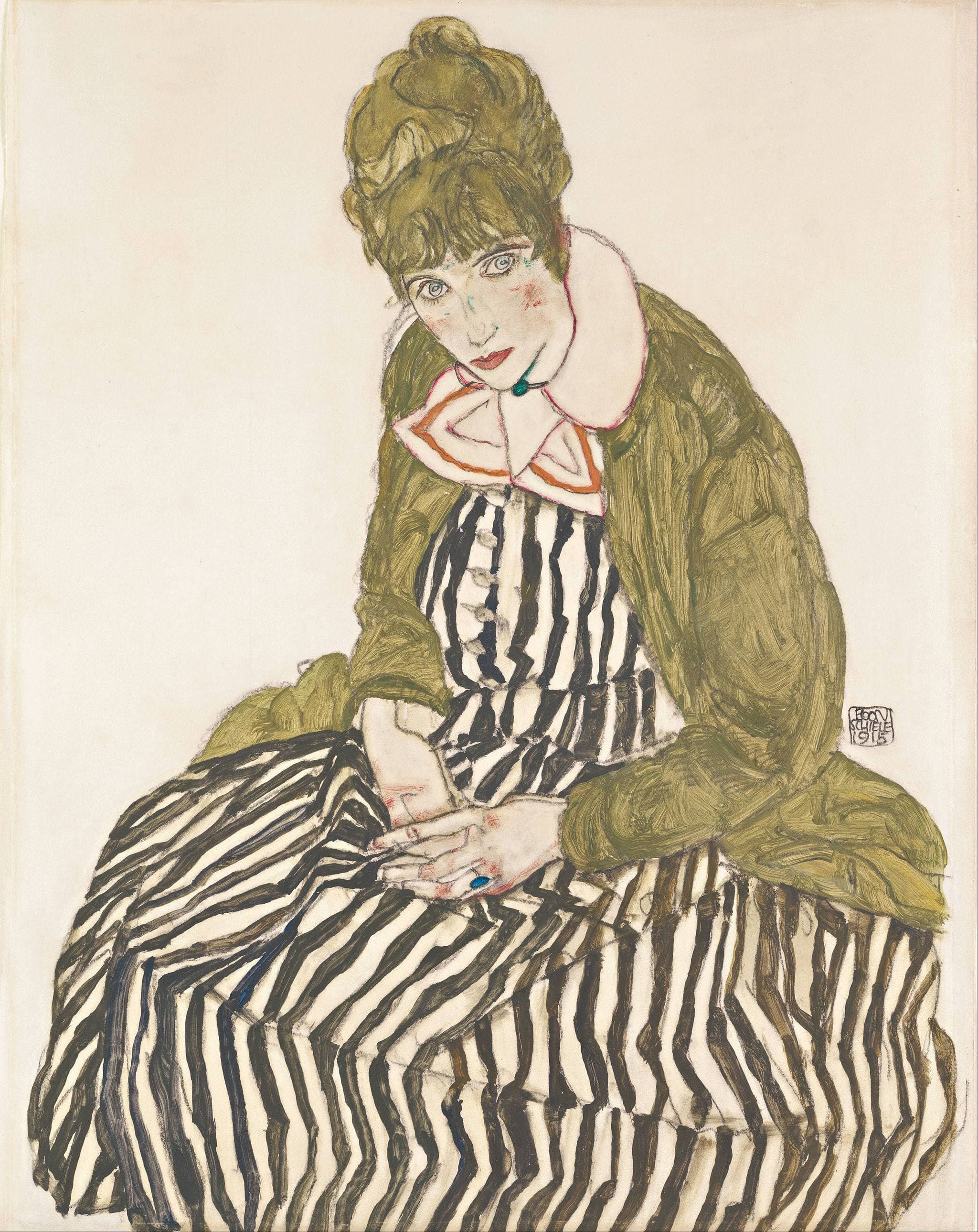Portrait of Edith Schiele with Striped Dress, Sitting