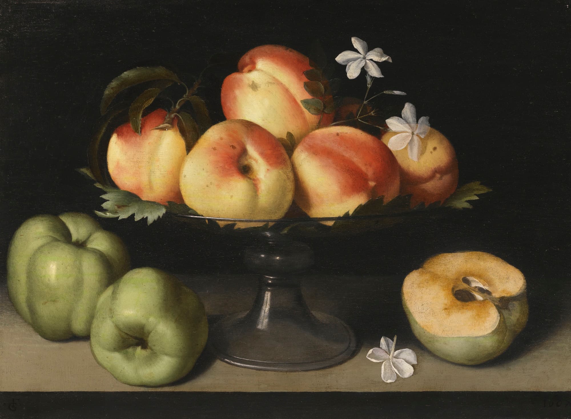 A Crystal Fruit Stand with Peaches, Quinces, and Jasmine