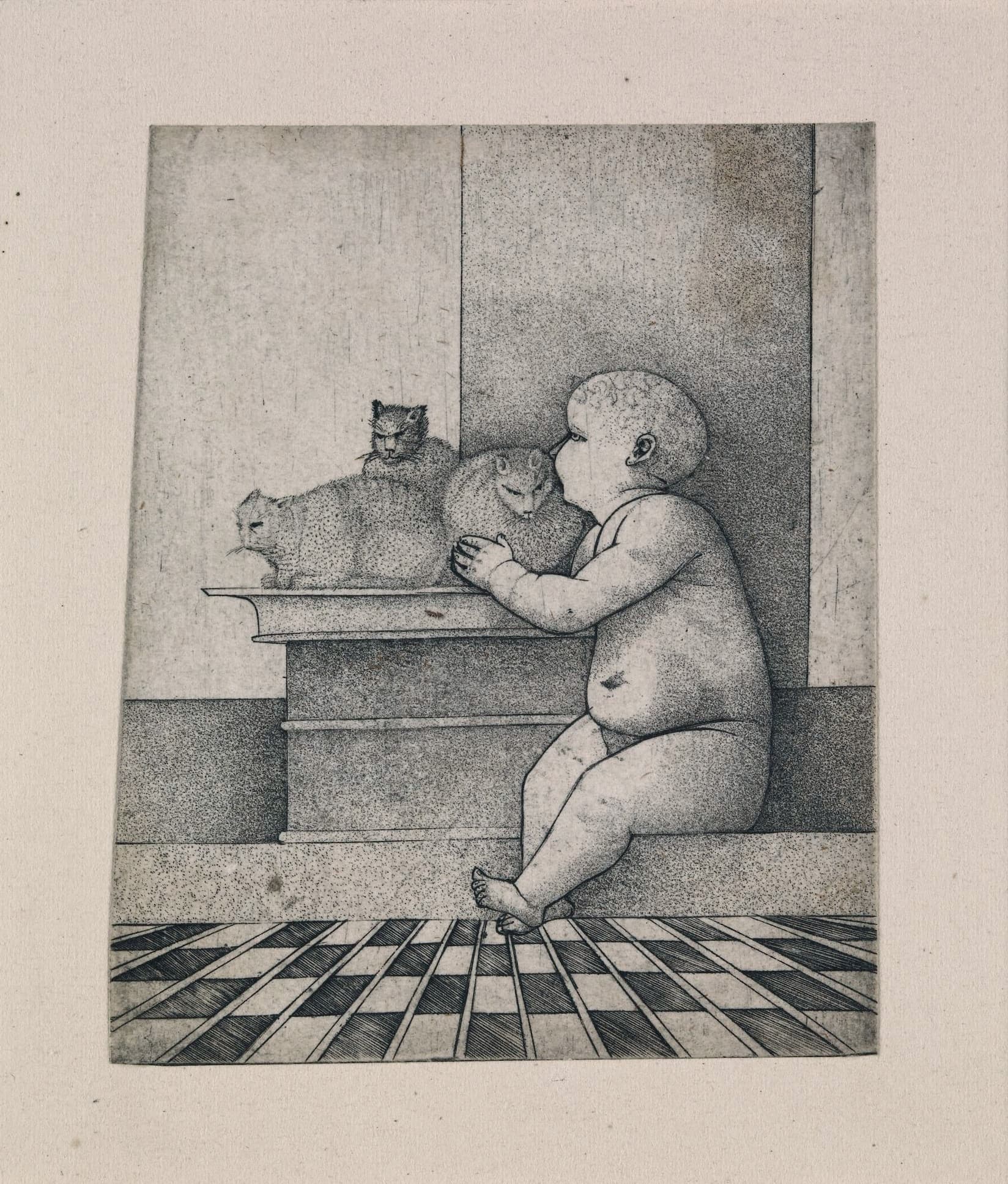 Child with three cats