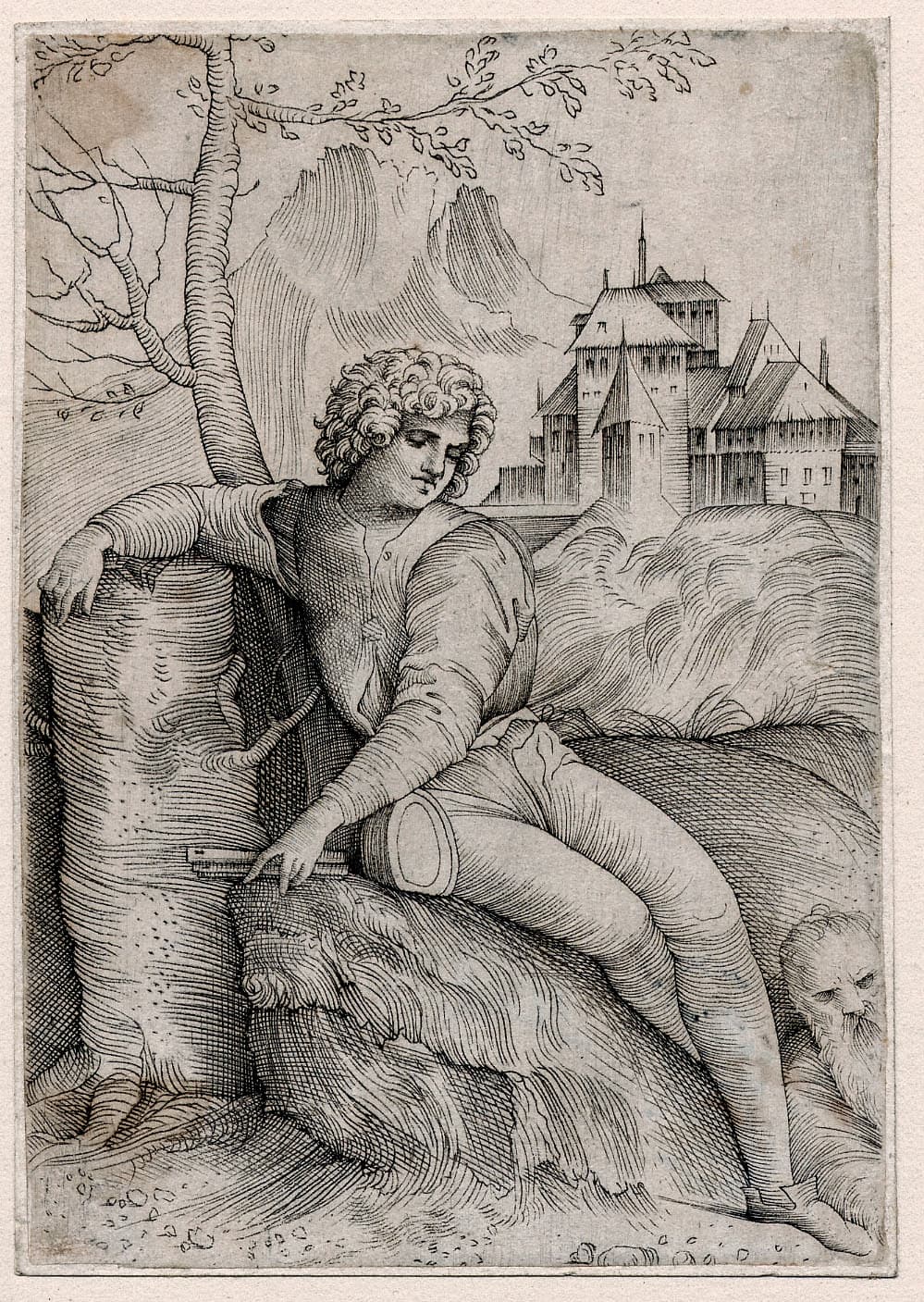 Shepherd by a tree (Cross Hatched)