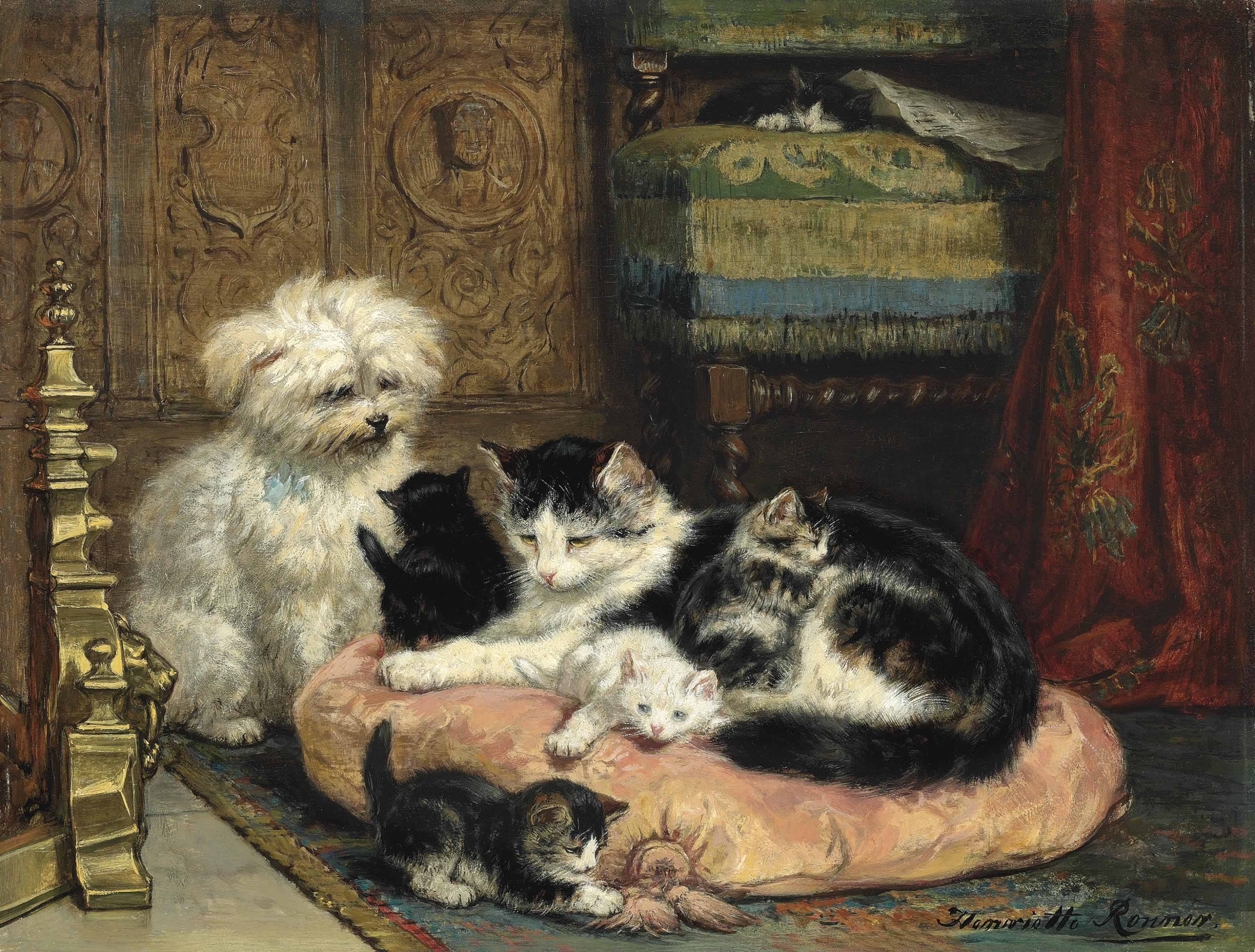 A mother with her kittens watched over by a terrier