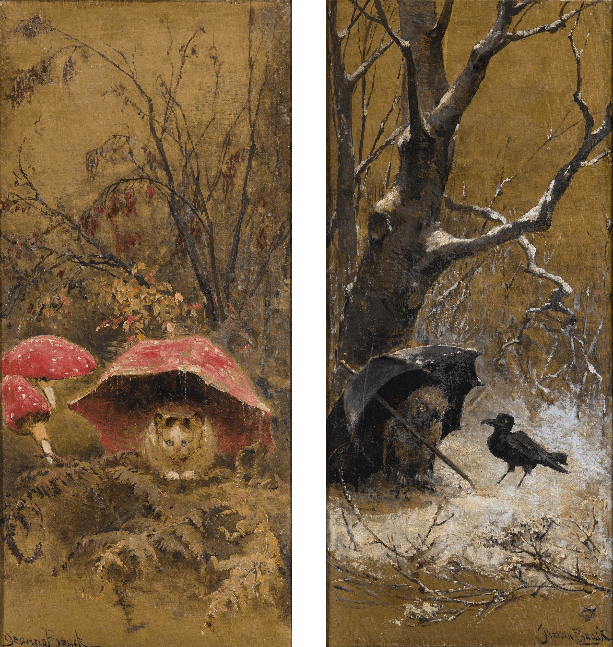 A Cat amongst Fly Agaric and An Owl with an Umbrella