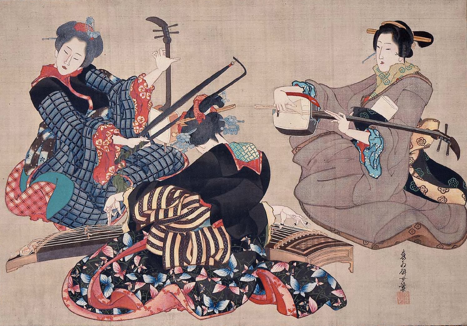 Three Women Playing Musical Instruments