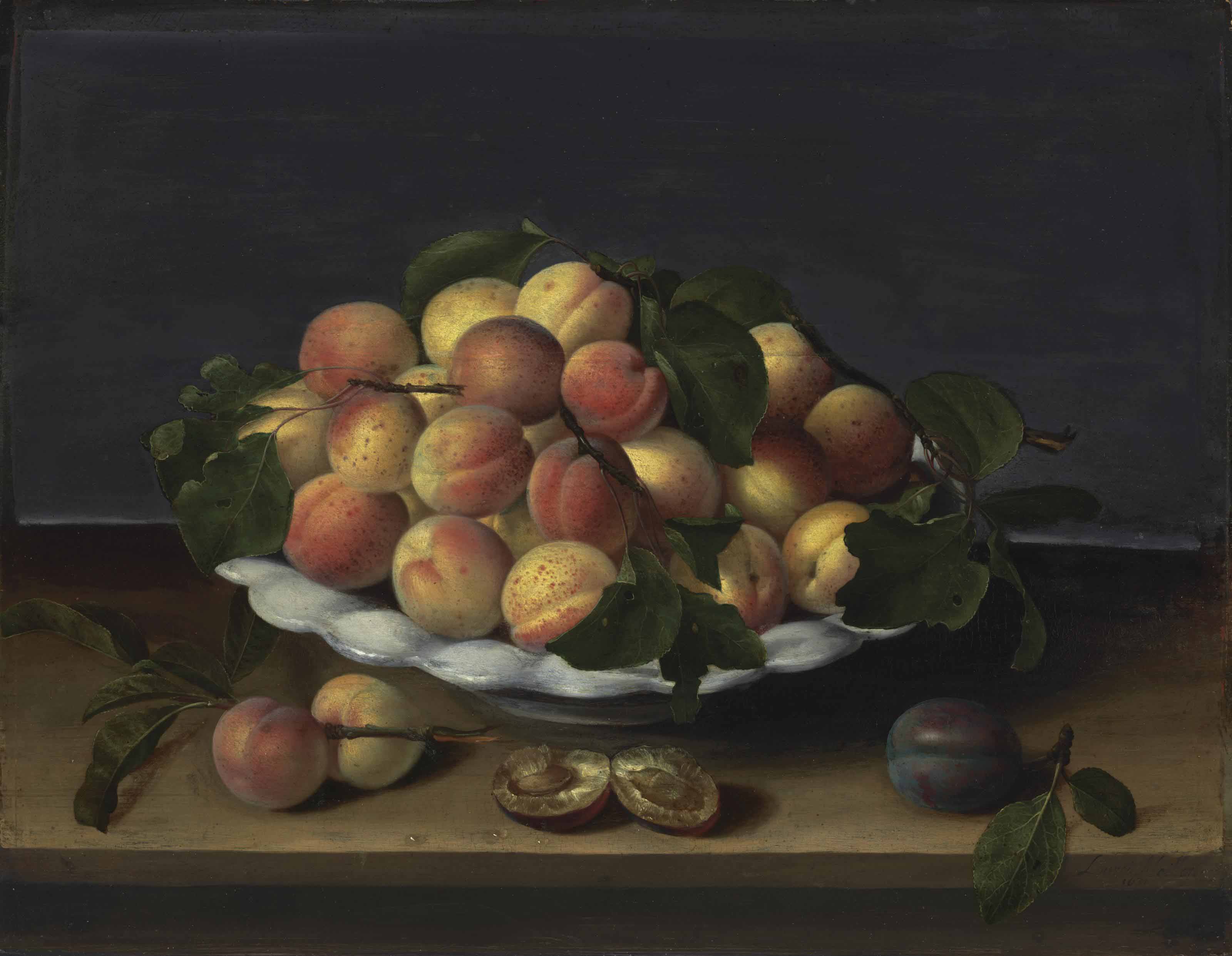 Apricots in a ceramic bowl, with plums on a stone ledge