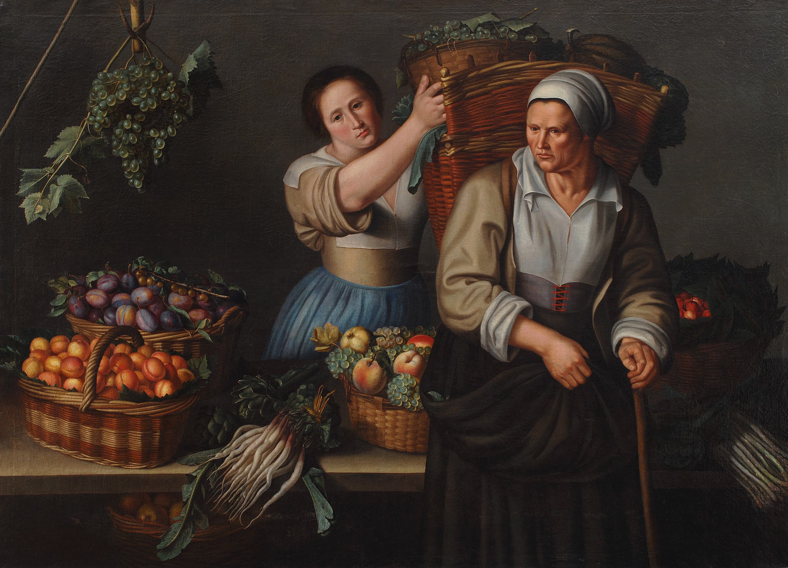 A Market Stall with a Young Woman Giving a Basket of Grapes to an
Older Woman