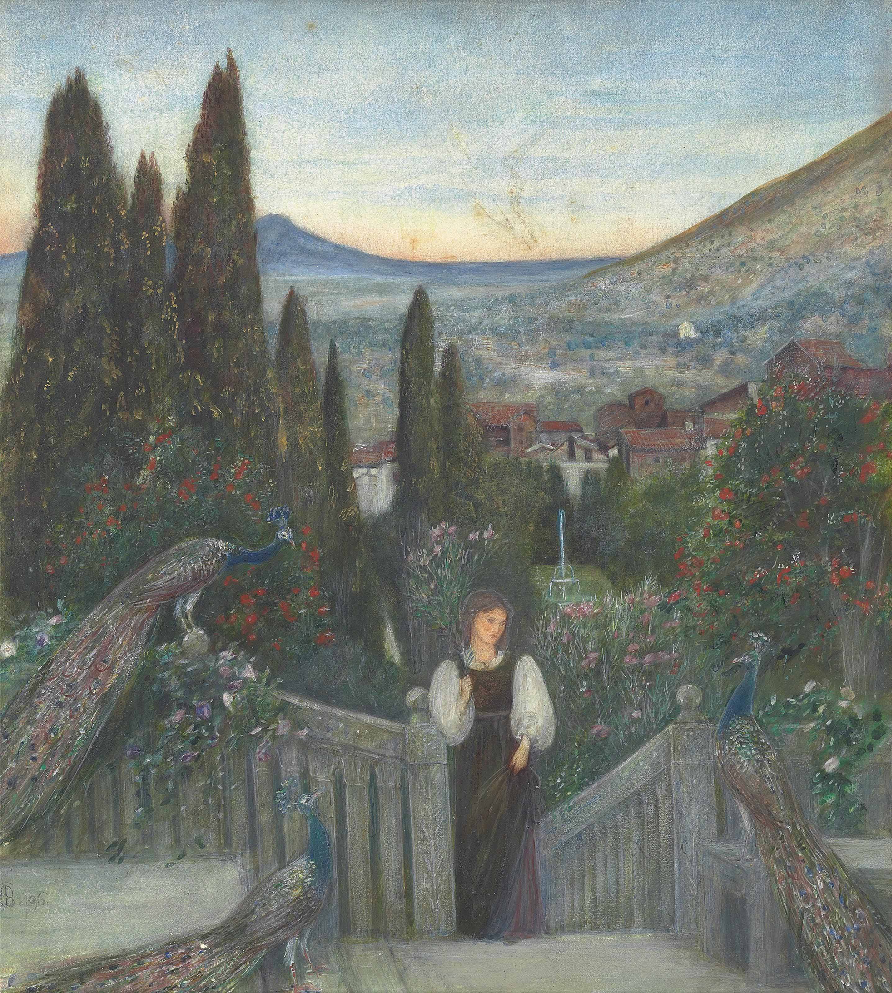 A lady with peacocks in a garden