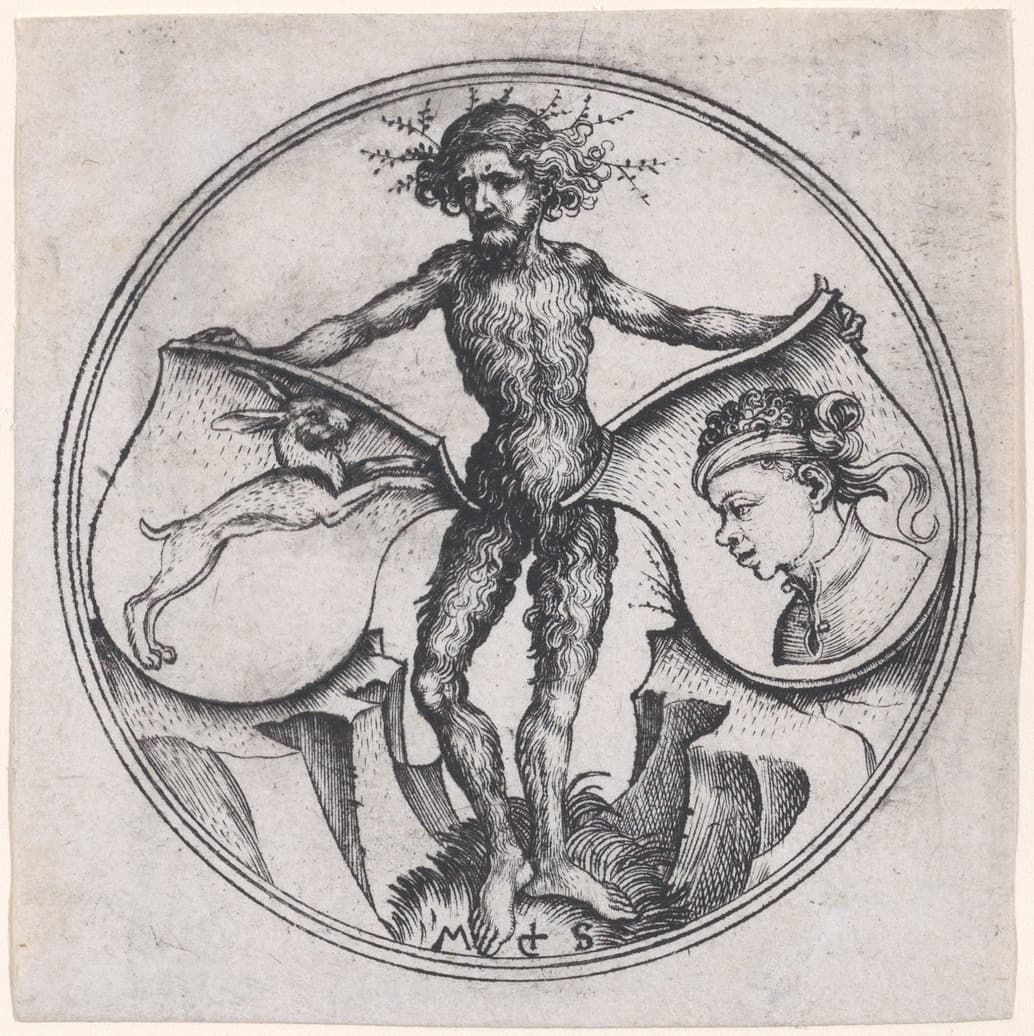 Wild Man Holding a Shield with a Hare and a Shield with a Moor's
Head