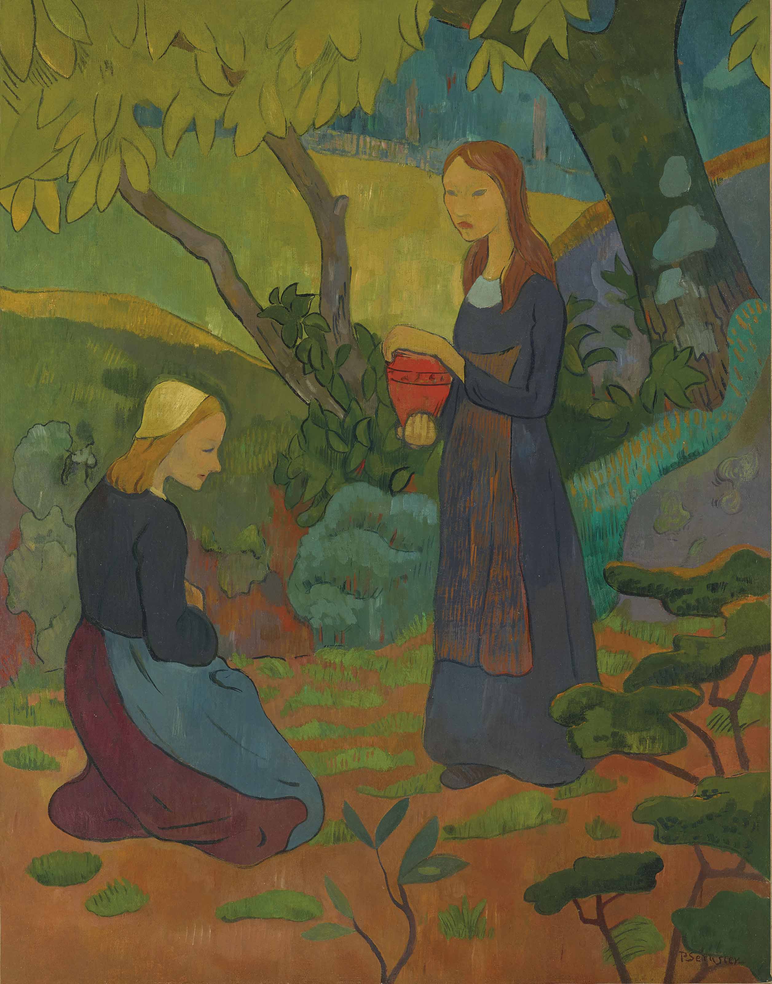Young Breton girls with vermilion pot