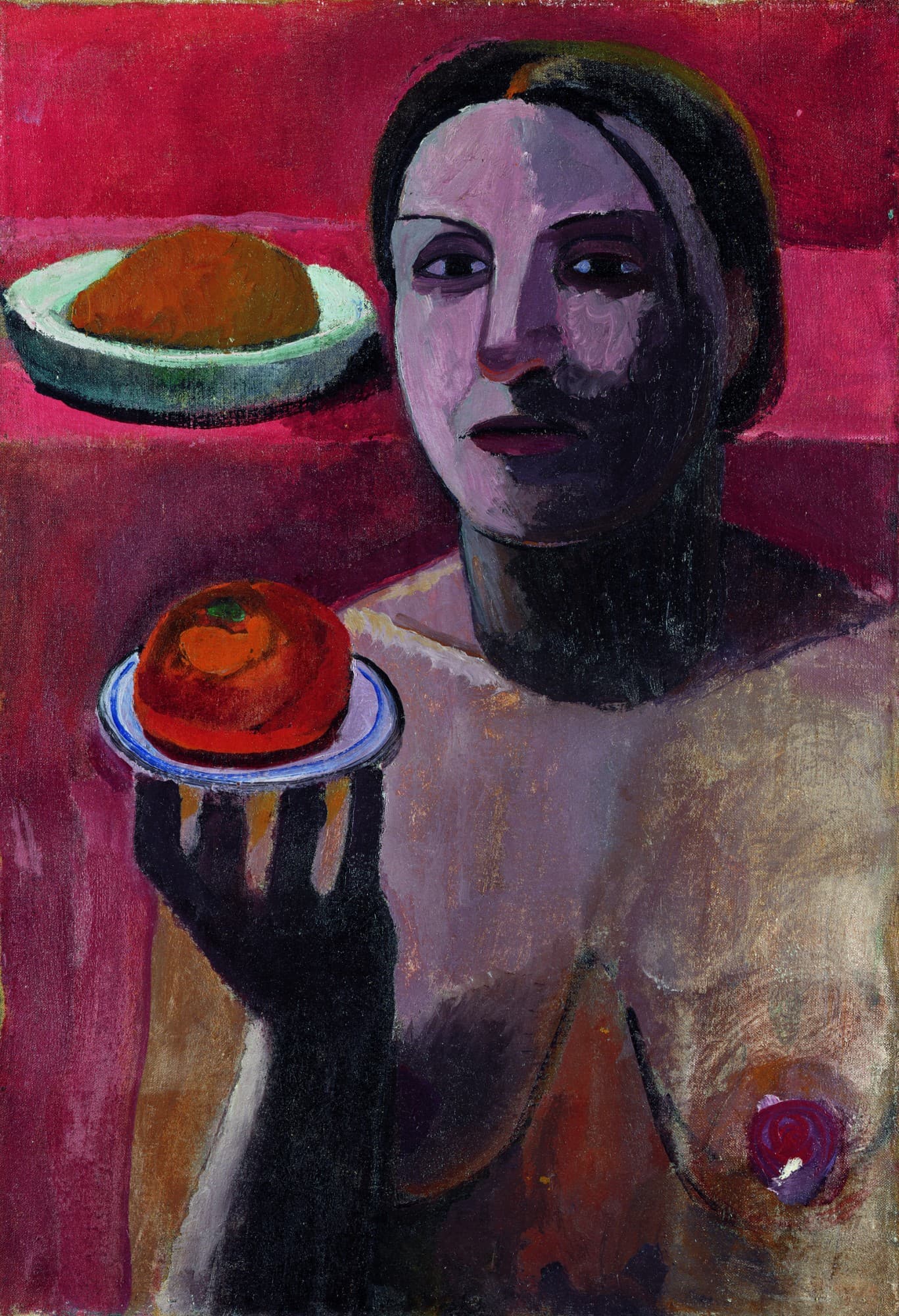 Italian woman with a plate in her raised hand