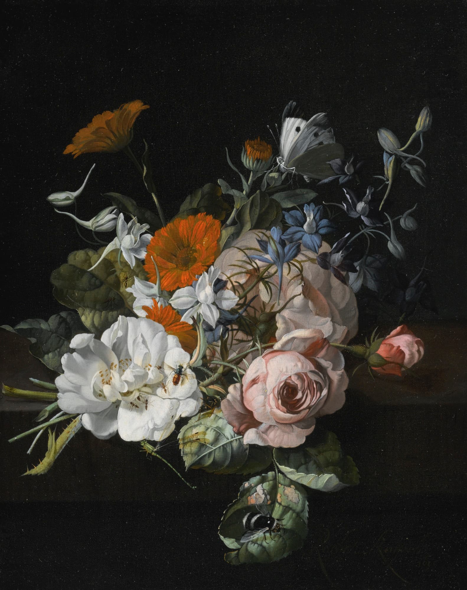 A Nosegay of Roses, Marigolds, Larkspur and a Bumblebee